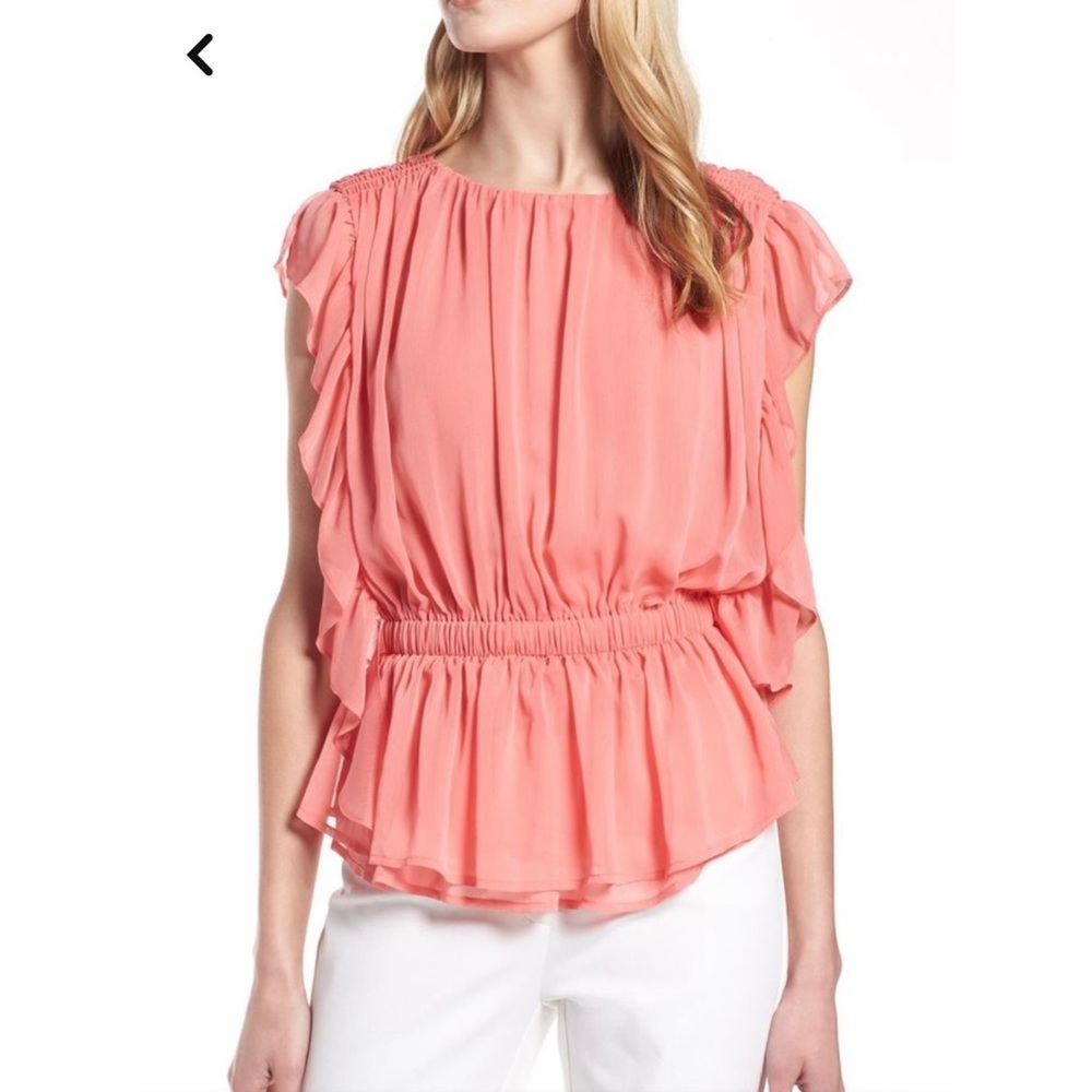 Halogen Nordstrom Ruffle Chiffon Blouse in Coral Rose Tea Size S Petite NWT